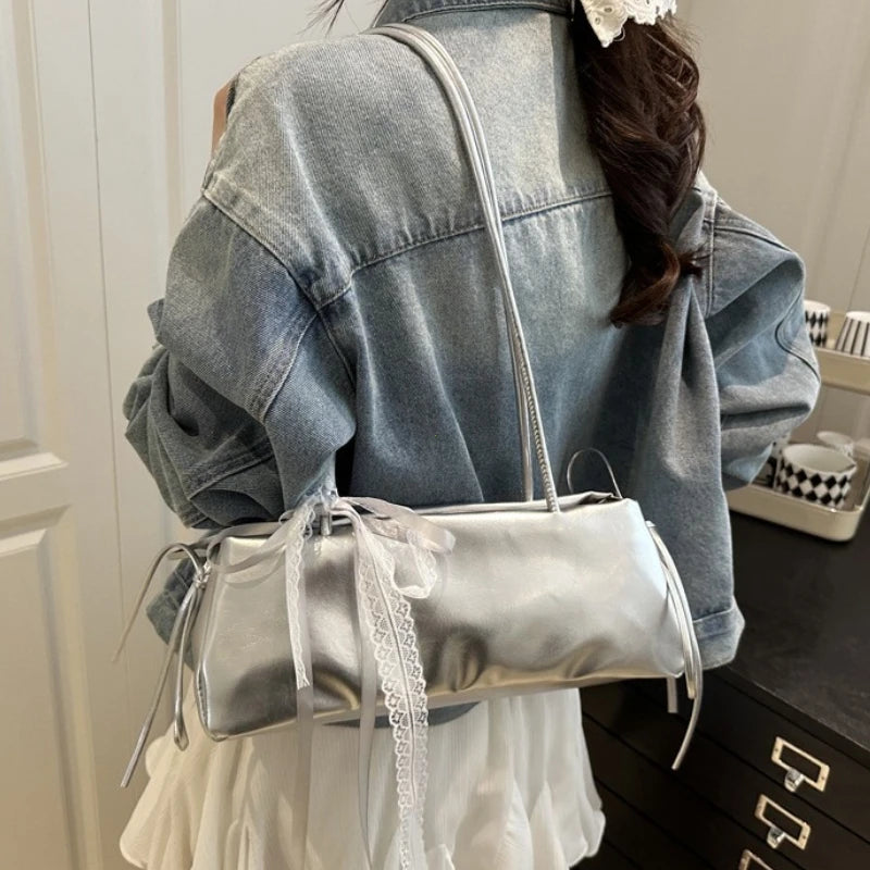 Ballet Style Bow Shoulder Bag – Elegant PU Leather Square Handbag