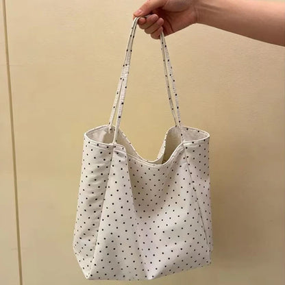 Polka Dot Canvas Tote Bag – Large Lightweight Korean Style Shoulder Bag