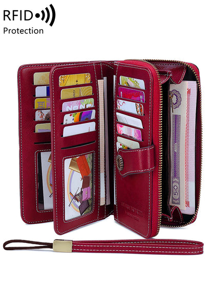 RFID Blocking Women's Trifold Long Wallet – Large Capacity Retro Leather Clutch