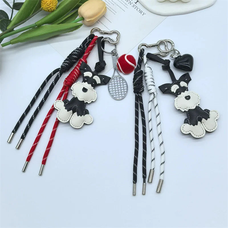 Schnauzer Keychain – Leather Dog Charm with Braided Rope Tassel