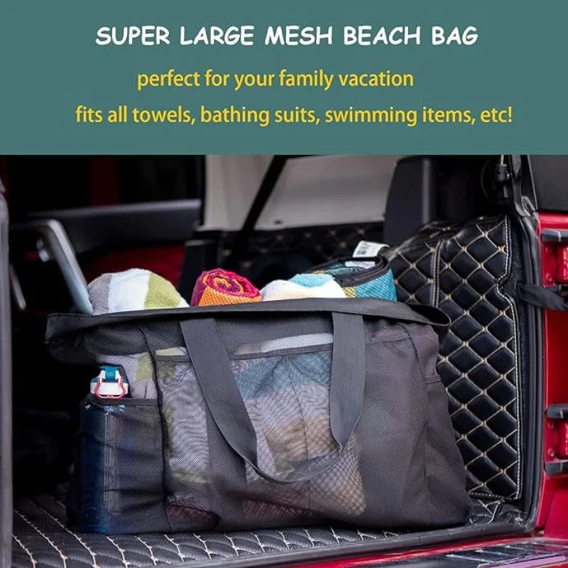 Extra Large Mesh Beach Bag with Zipper & Side Pockets