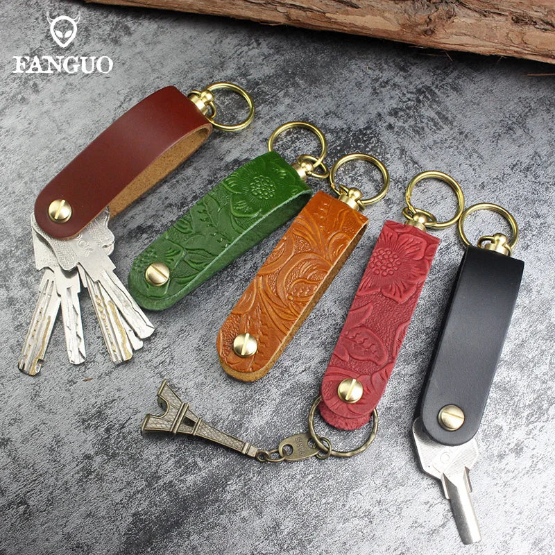 Genuine Leather Key Pouch Organizer – Handmade Floral Embossed Keychain Holder