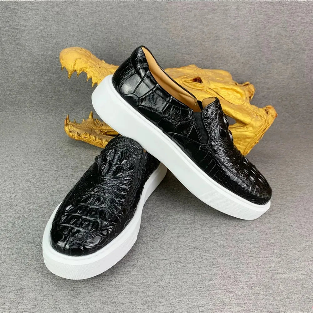 Crocodile Leather Men's Slip-On Loafers – Black Casual Flat Shoes