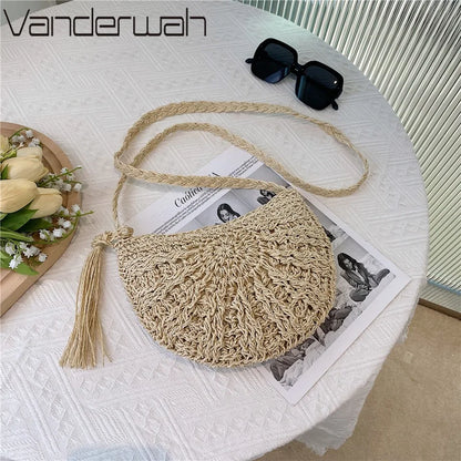 Handmade Straw Woven Crossbody Bag – Boho Semicircle Shoulder Bag