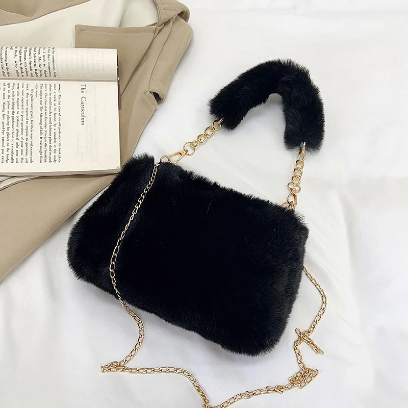 Faux Fur Crossbody Bag for Women – Fluffy Plush Chain Shoulder Purse
