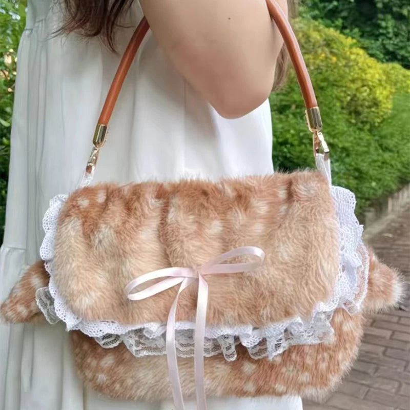 Faux Fur Deer Plush Crossbody Bag – Lolita Bow Design