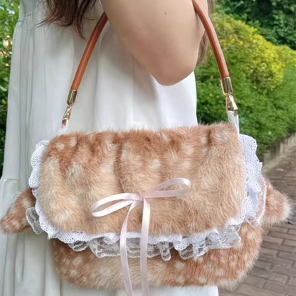 Faux Fur Deer Plush Crossbody Bag – Lolita Bow Design