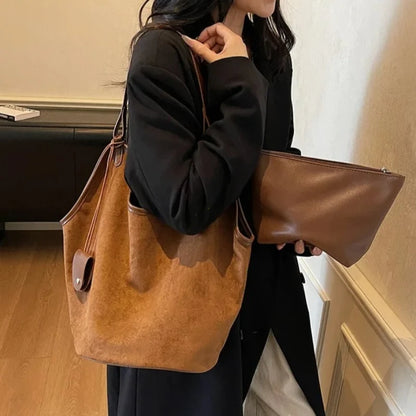Suede Shoulder Tote Bag – Retro Large Capacity Women's Handbag
