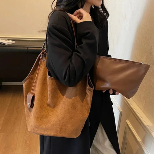 Suede Shoulder Tote Bag – Retro Large Capacity Women's Handbag