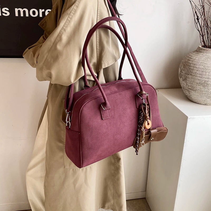 Large Suede Bowling Bag with Long Strap for Women