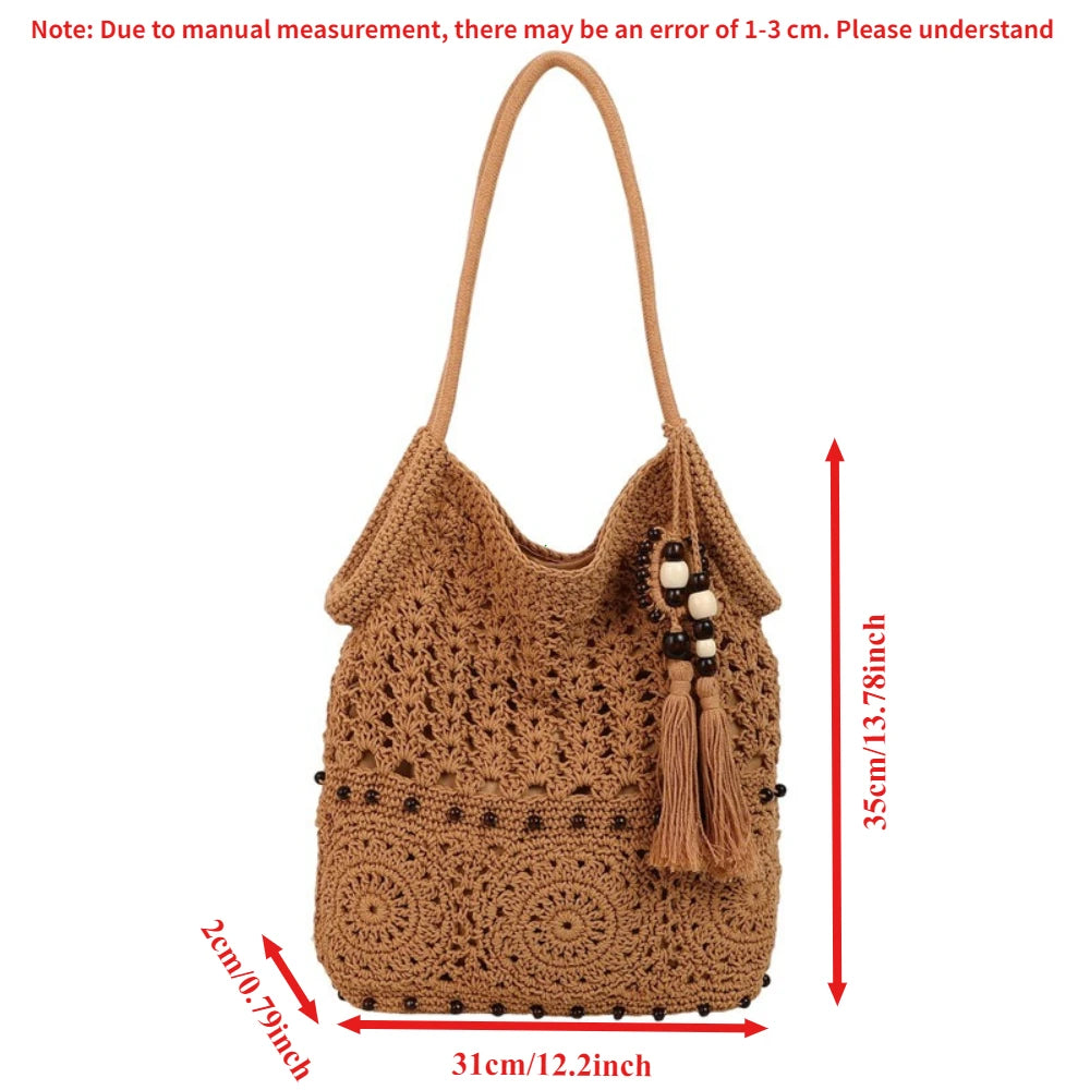 Crochet Tote Bag – Boho Beach Bag with Tassel, Beads & Adjustable Strap