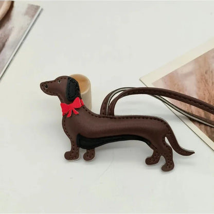 Dachshund Leather Bag Charm with Red Bow Tie – Cute Pet Lover Keychain