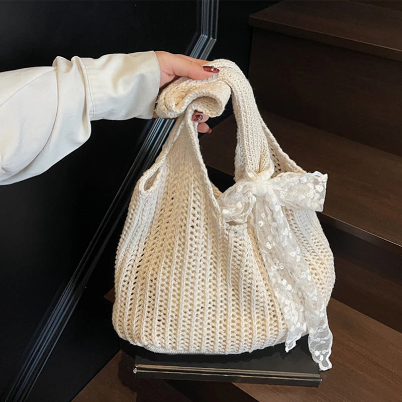 Lace Ribbon Woven Tote Bag – Bohemian Beach Shoulder Bag
