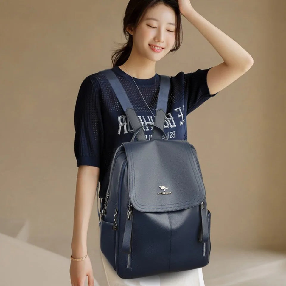 Women's PU Leather Backpack – Large Capacity Multi-Pocket School Bag