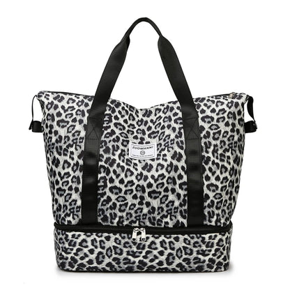 Leopard Print Travel Tote Bag with Bottom Compartment