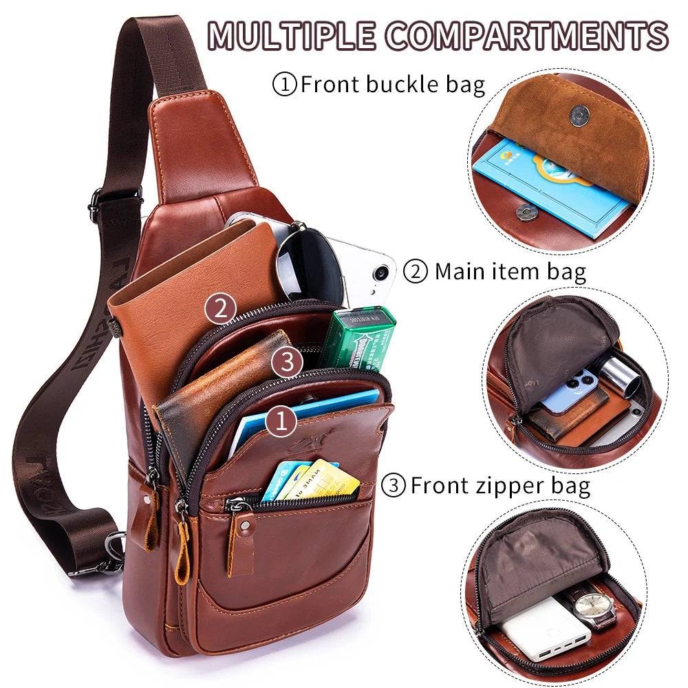Men's Leather Chest Bag – Casual Crossbody Sling Bag with USB Port