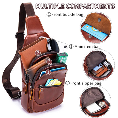 Men's Leather Chest Bag – Casual Crossbody Sling Bag with USB Port