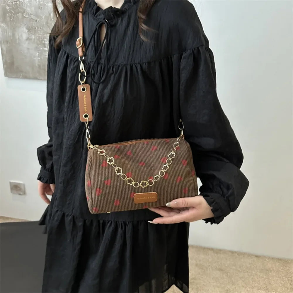 Strawberry Print Corduroy Crossbody Mini Bag for Women