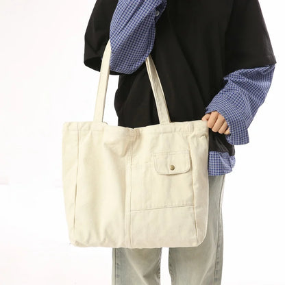 Large Canvas Tote Bag – Multi-Pocket Shoulder Bag for School & Travel