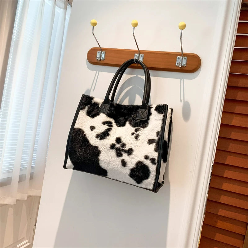 Faux Fur Leopard Print Tote Bag for Women – Soft Shopper Handbag