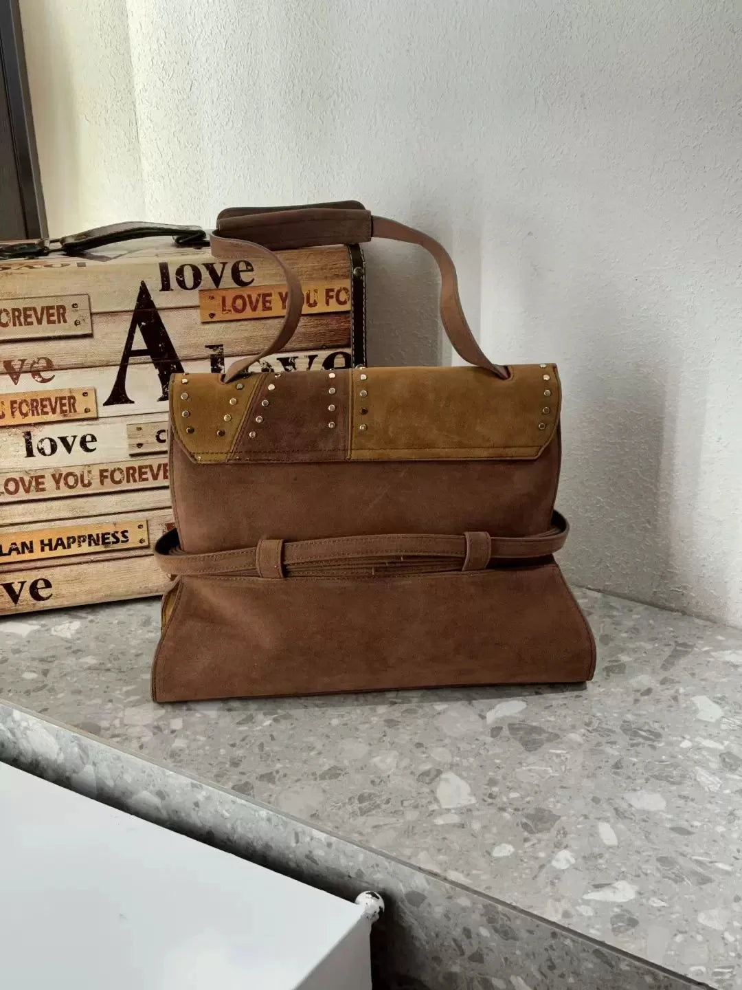 England Style Faux Suede Bags Women Luxury Designer Handbags Purses Vintage Belt Buckle Top Handle