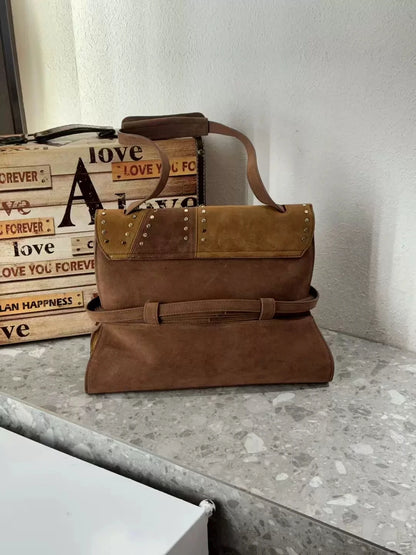 England Style Faux Suede Bags Women Luxury Designer Handbags Purses Vintage Belt Buckle Top Handle