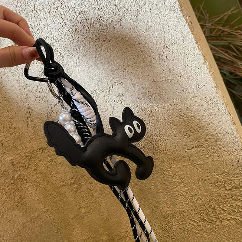 Cute Leather Cat Keychain Bag Charm with Pearl Rope