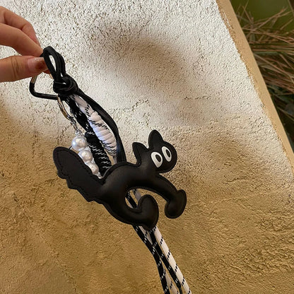 Cute Leather Cat Keychain Bag Charm with Pearl Rope