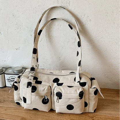Polka Dot Canvas Shoulder Bag – Multi-Pocket Large Capacity Boston Handbag