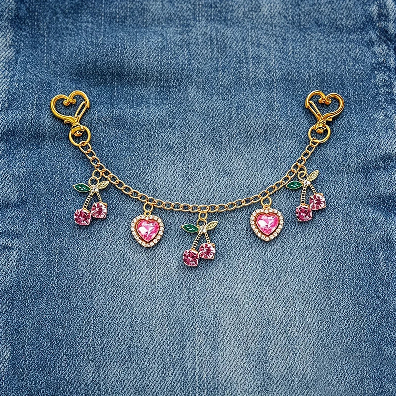 Cherry & Heart Bag Charm – Glass Stone Chain Jewelry Pendant