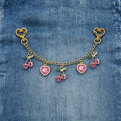 Cherry & Heart Bag Charm – Glass Stone Chain Jewelry Pendant