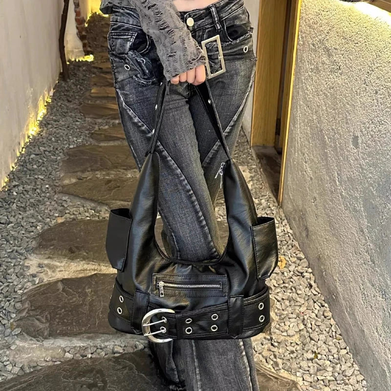 Y2K Belt Buckle Shoulder Bag – Edgy PU Leather Purse for Women