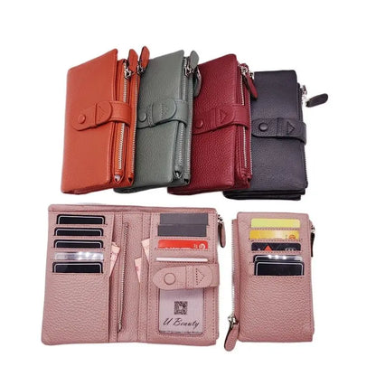 Genuine Leather Short Wallet for Women – Multifunctional Card Holder Zipper Coin Purse