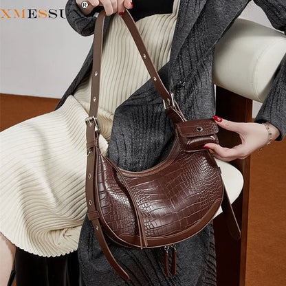 Vintage Crocodile Pattern Shoulder Bag - Half Moon Leather Crossbody for Women