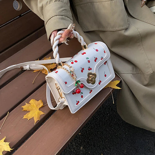 Cherry Print Crossbody Bag with Twisted Top Handle