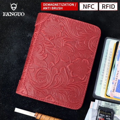 RFID Genuine Leather Men's Short Wallet – Floral Embossed Bifold