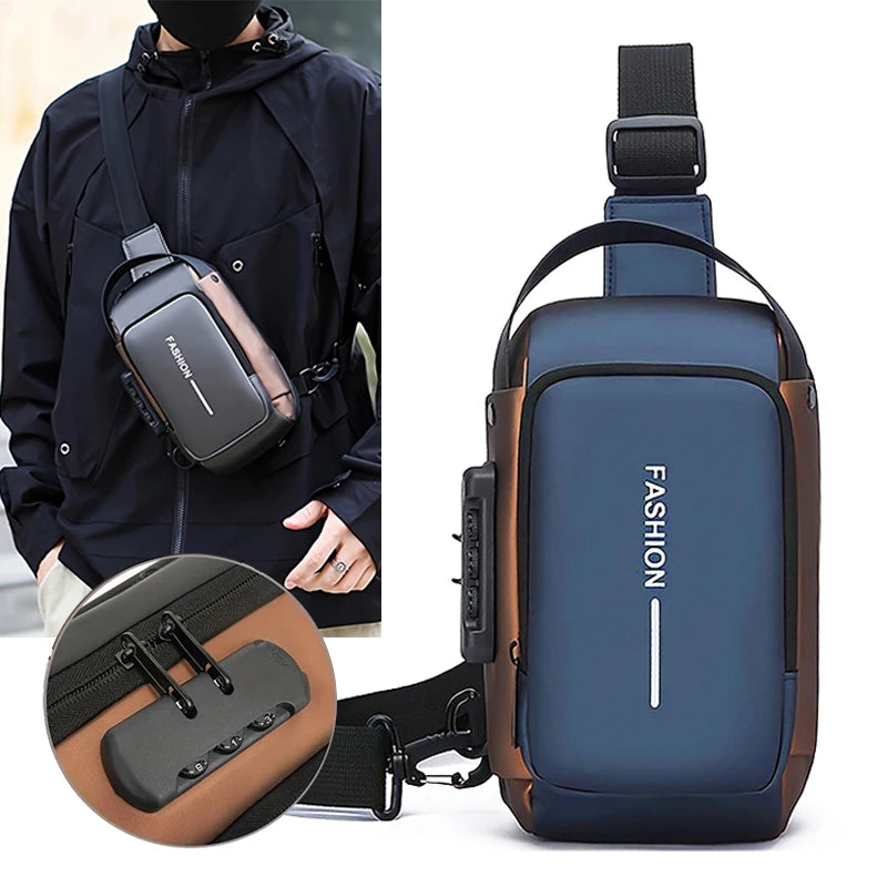 Men's Crossbody Chest Bag with Password Lock & Zipper