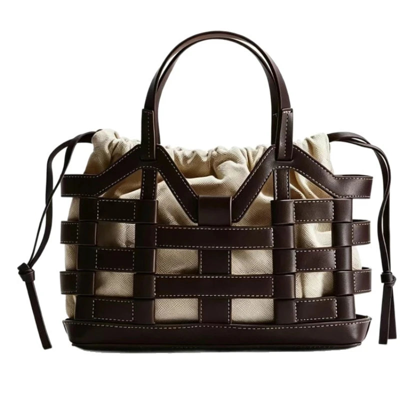 Woven Leather Basket Tote Bag – Women's Drawstring Handbag
