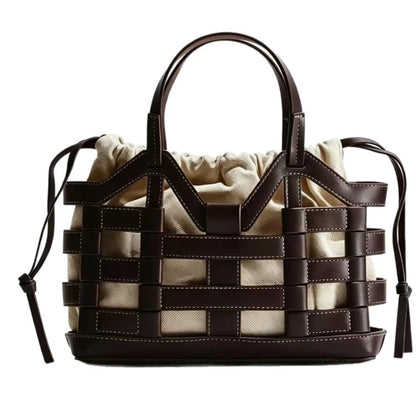 Woven Leather Basket Tote Bag – Women's Drawstring Handbag