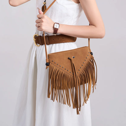 Boho Tassel Crossbody Bag for Women – Studded Fringe Shoulder Bag