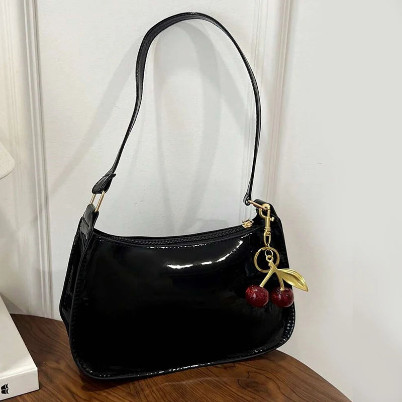 PU Leather Shoulder Bag with Cherry Pendant for Women