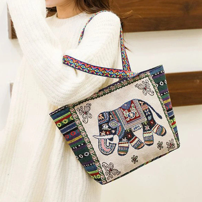 Embroidered Canvas Tote Bag – Ethnic Boho Shoulder Handbag