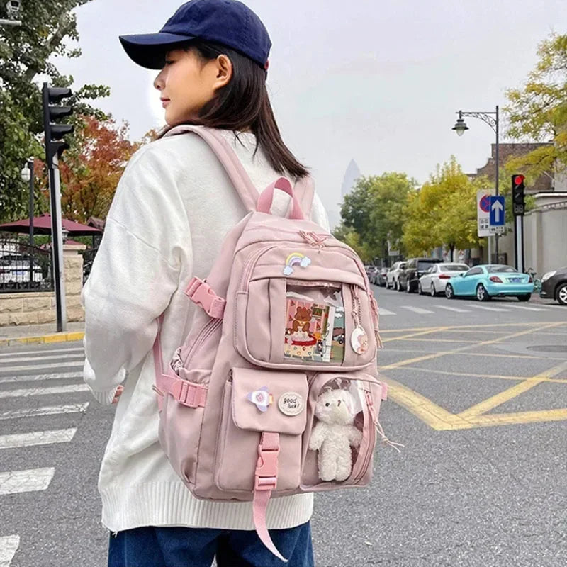 Kawaii Aesthetic Backpack for Teen Girls – Cute School Bag with Plush Pendant