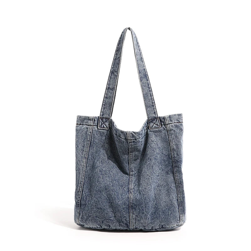 Washed Denim Tote Bag for Women – Large Vintage Shoulder Shopper Bag