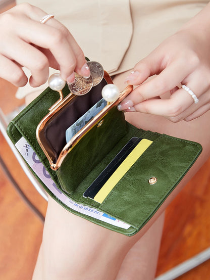 Pearl Kiss-Lock Women's Trifold Wallet – Large Capacity PU Leather