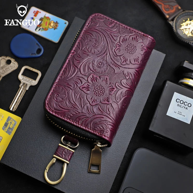 Genuine Leather Key Wallet – Floral Embossed Zipper Pouch with Card & Coin Slots