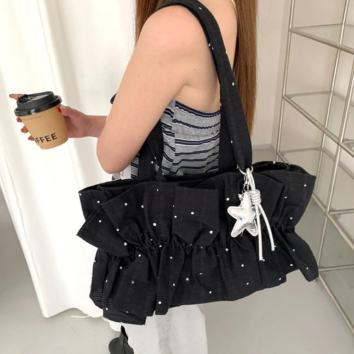 Korean Style Polka Dot Ruffle Shoulder Bag Women S Large Capacity Tote Magnetic Buckle Design