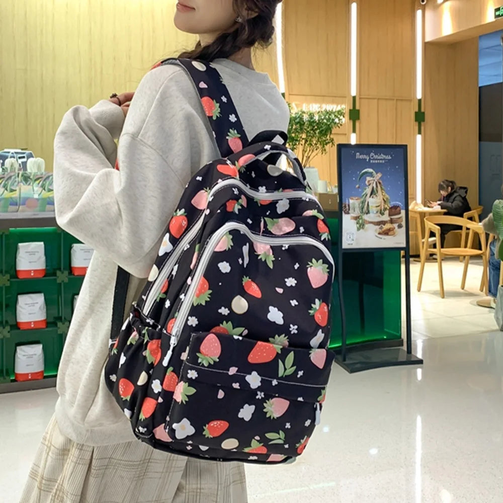 Strawberry Print Nylon Backpack – Cute Lightweight School Bag
