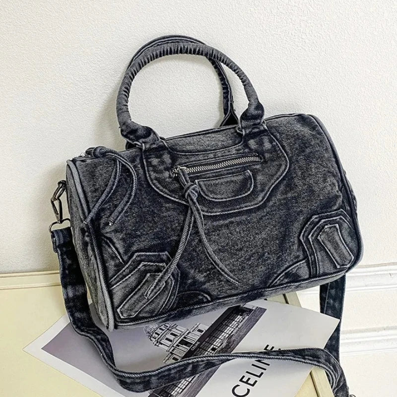 Retro Washed Denim Tote Bag – Women's Designer City Shoulder Bag