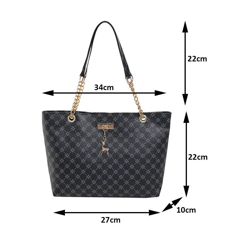 Monogram Print Large Tote Bag with Gold Chain Shoulder Strap